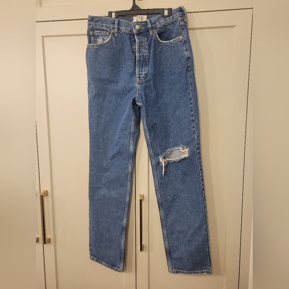 Free People The Lasso Straight Leg Jeans 29 Blue Sapphire Ripped Knee OB1333848